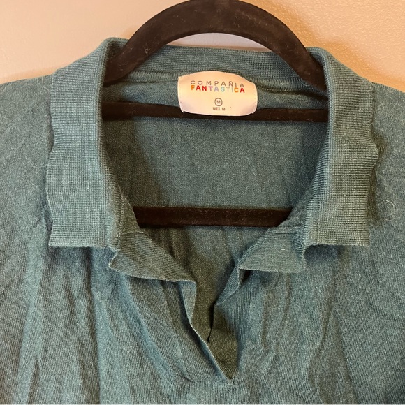 Compañia Fantastica Sweater Teal Henley Slit Neck Collared Long Sleeve Sz M EUC - Picture 2 of 4